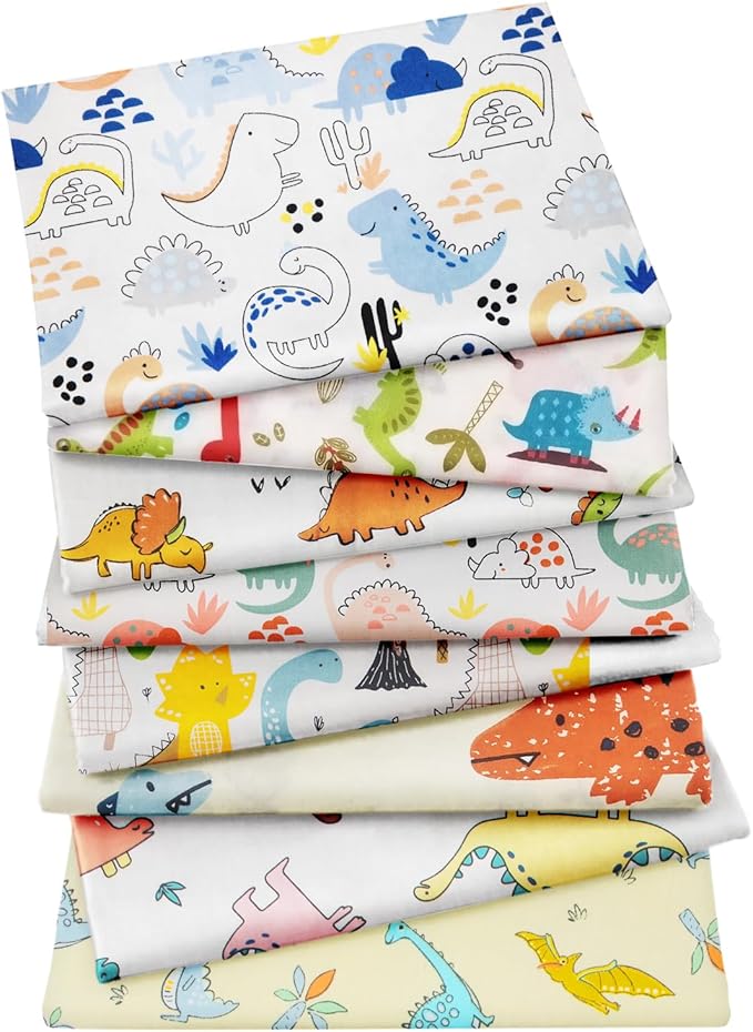 Aubliss 8pcs Fat Quarter Fabric Bundles 100% Cotton 20'' x 20'' Quilting Cotton Craft Fabric Pre-Cut Squares Sheets for Patchwork Sewing Quilting Crafting(Dinosaur)