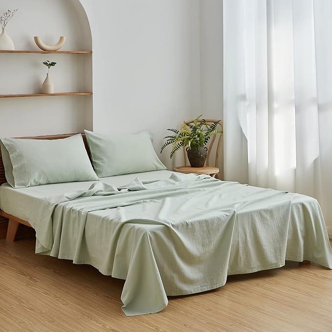 Simple&Opulence Belgian Linen Sheet Set Solid Color - 4 Pieces (1 Flat Sheet, 1 Fitted Sheet & 2 Pillowcases) Natural Flax Cotton Blend Soft Breathable Farmhouse Bedding - Queen Size, Mint Green