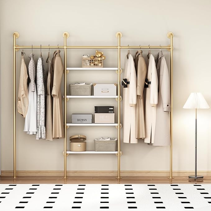 KAILNKISS Industrial Pipe Clothing Rack, Wall Mounted Clothes Rack Gold Clothing Rack with Shelves Clothes Hanging Shelf-94.5''L Gold