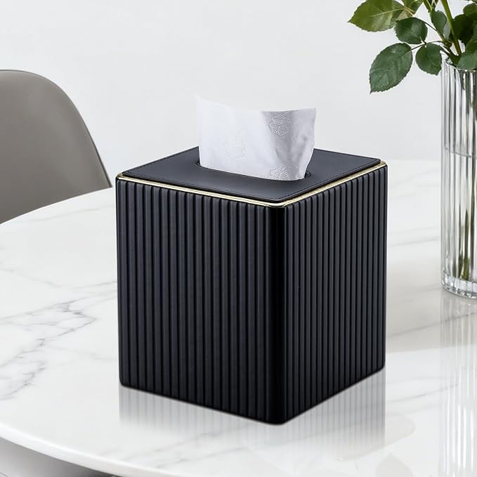KINGFOM Tissue Box Cover, PU Leather Square Tissue Box Holder for Kleenexs with Magnetic Bottom Cover for Facial Tissues/Napkins, Office & Living Room Decor Box Black