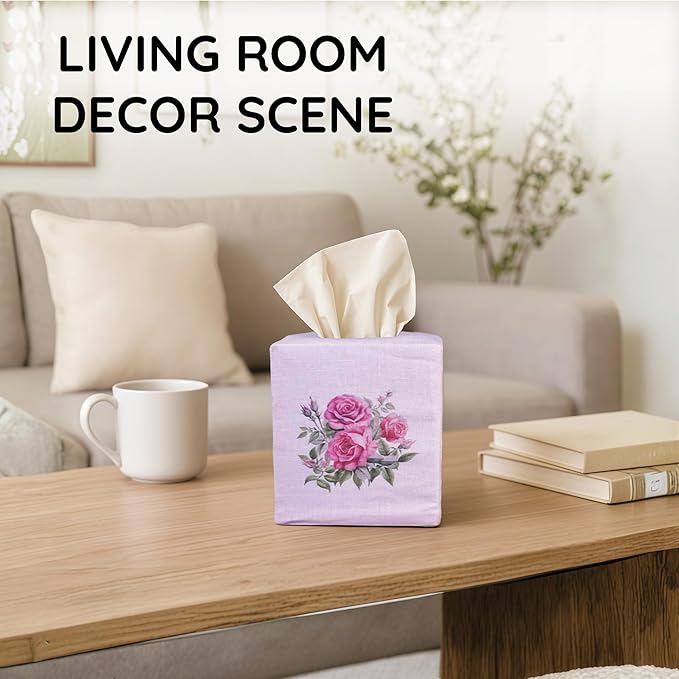 EmbroideryLinen.VN Tissue Box Cover Set of 2, Square Linen Tissue Holder, Printed Floral Design, 4.5x4.5x5.5 Inches, Decorative Holder for Bathroom, Living Room, Office (Rose)