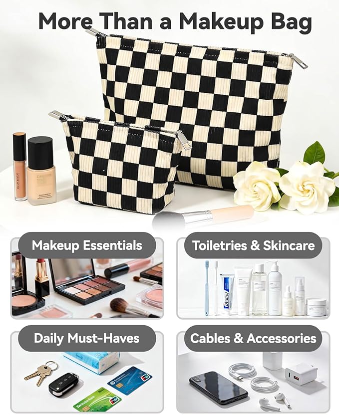 fahombag 2 Pcs Checkered Makeup Bag Set Corduroy Cosmetic Pouch for Women Large & Small Cute Preppy Aesthetic Black And White Travel Toiletry Pouch Organizer for Purse Skincare Brushes