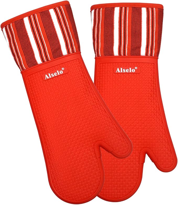 Silicone Oven Mitts Heat Resistant 550 Degree, Extra Long Kitchen Mittens with Non-Slip and Waterproof Pot Holders for Baking Cooking Barbecue Microwave Machine Washable(Extra Long red, 2)