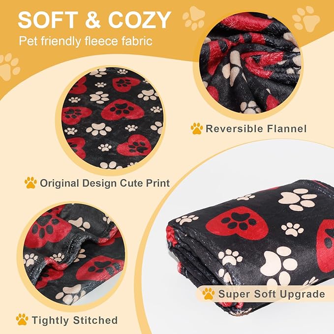Gowyeg Dog Blankets for Large Dogs, 50"x40" Blanket Washable, Fuzzy Soft Pet Mat Throw Cover for Kennel Crate Bed, Cute Paw Pattern, Cat Blanket, Gifts Medium Small Pet Essentials, Black Red