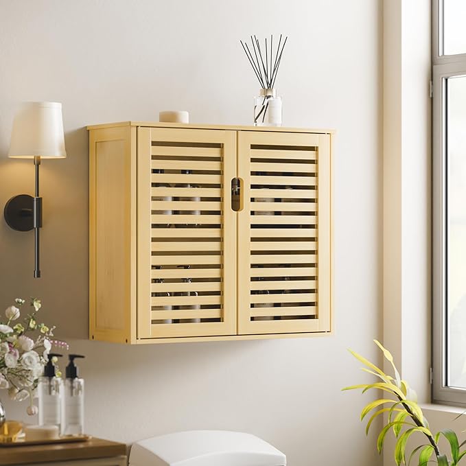 HITNET Bathroom Wall Cabinet, Medicine Cabinet Over The Toilet, Bamboo Hanging Storage Organizer with 2 Doors and Adjustable Shelf for Kitchen, Living Room, Natural