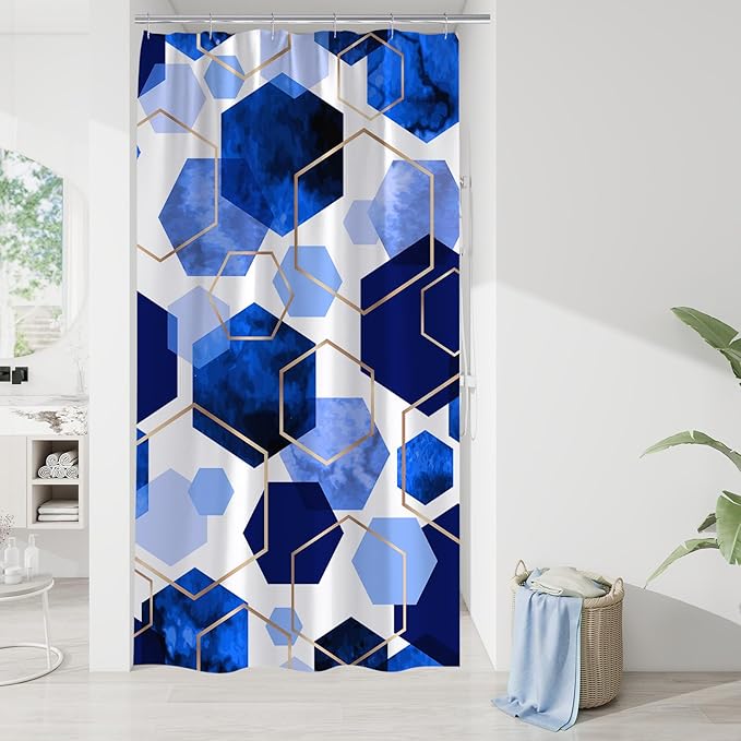 Litabel Modern Small Stall Shower Curtain for Bathroom, Royal Blue Geometric Art Decor Waterproof Bath Curtain, Abstract Fabric Shower Curtain Sets for Home Decor, 36" W x 72" L Inch