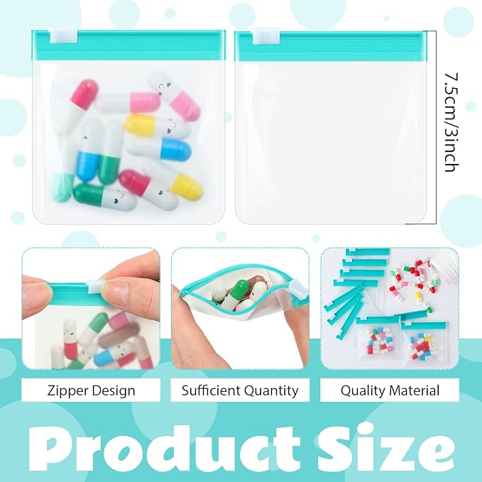 24 Pieces Pill Pouch Bags Zippered Set Reusable Translucent Medicine Organizer Sealing Travel Plastic Bags with Slide Lock for Storage(Turquoise)