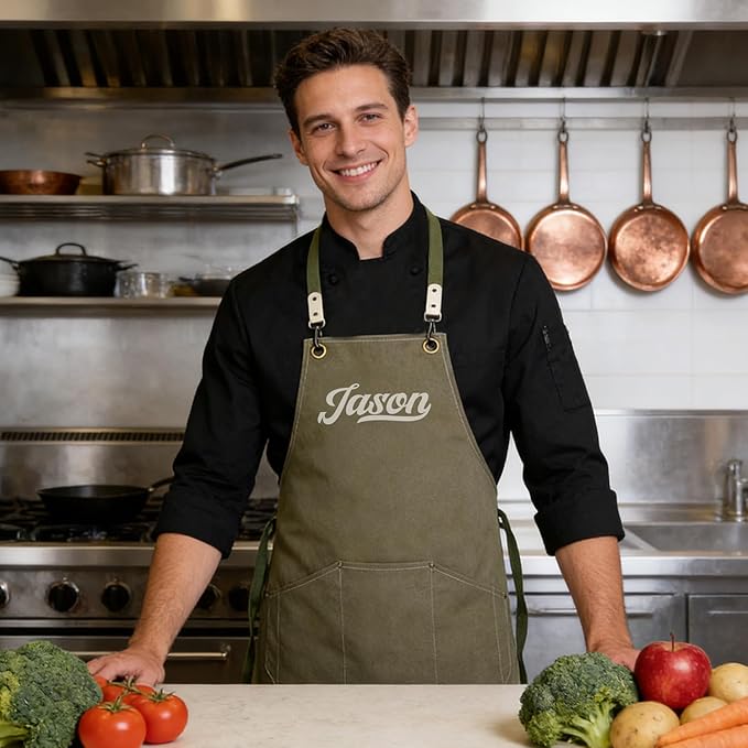 Personalized Apron with Embroidered Initial, Denim Canvas Custom Aprons for Men, Adjustable Mens Apron Cooking Aduit Men Gift Trendy Stufff, Kitchen Essentials,Barbeque w/Styles & Patterns