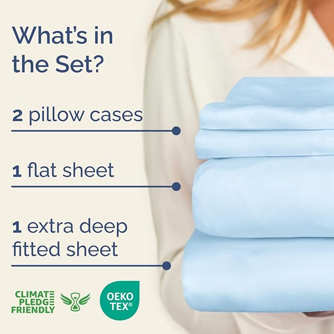 Extra Deep Pockets 400 Thread Count 100% Cotton 4 Piece Queen Size Bedding Sheet Set - Breathable & Cooling - Hotel Luxury Bed Sheets Set - Soft, Wrinkle Free And Comfy Light Blue Bedding Sheets Set
