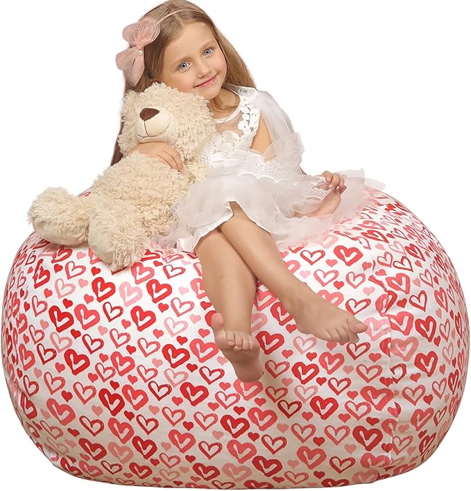 WEKAPO Stuffed Animal Storage Bean Bag Chair Cover for Kids | Stuffable Zipper Beanbag for Organizing Children Plush Toys Large Premium Cotton Canvas (Heart, XX-Large)