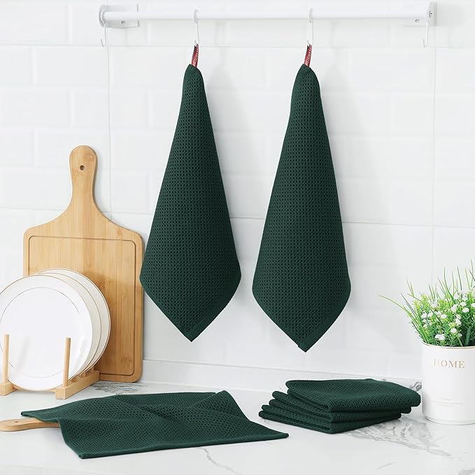 Kitinjoy 100% Cotton Kitchen Dish Cloths, 12 Pack Waffle Weave Ultra Soft Absorbent Dish Towels for Drying Dishes Quick Drying Kitchen Towels Dish Rags, 12 X 12 Inches, Blackish Green