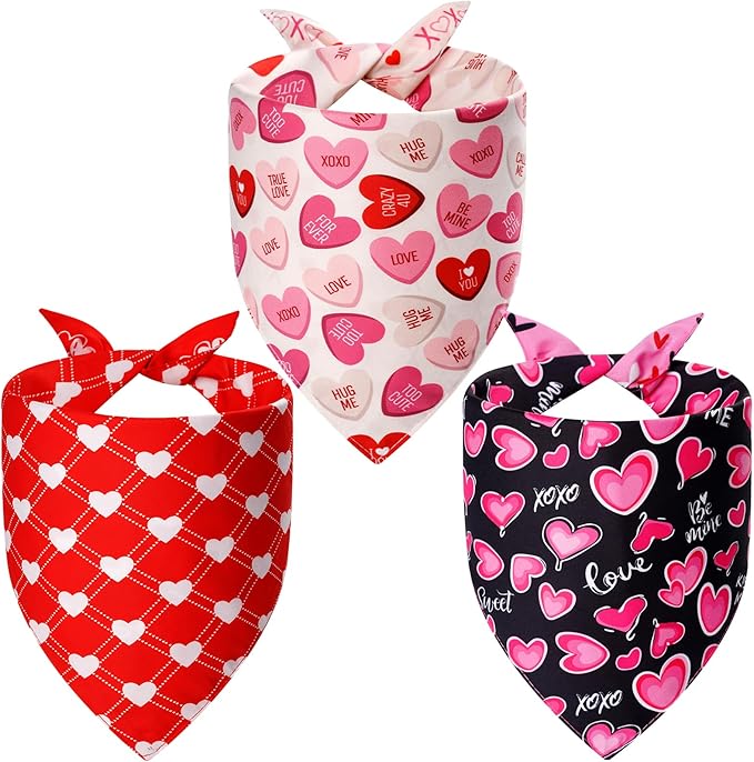 Agroon Dog Valentines Bandana XLarge 3PCS, 6 Pattern Sweetheart Scarf for Boy and Girl, Red Pink Black Triangle Reversible Love Bibs Breed for Puppy Pets