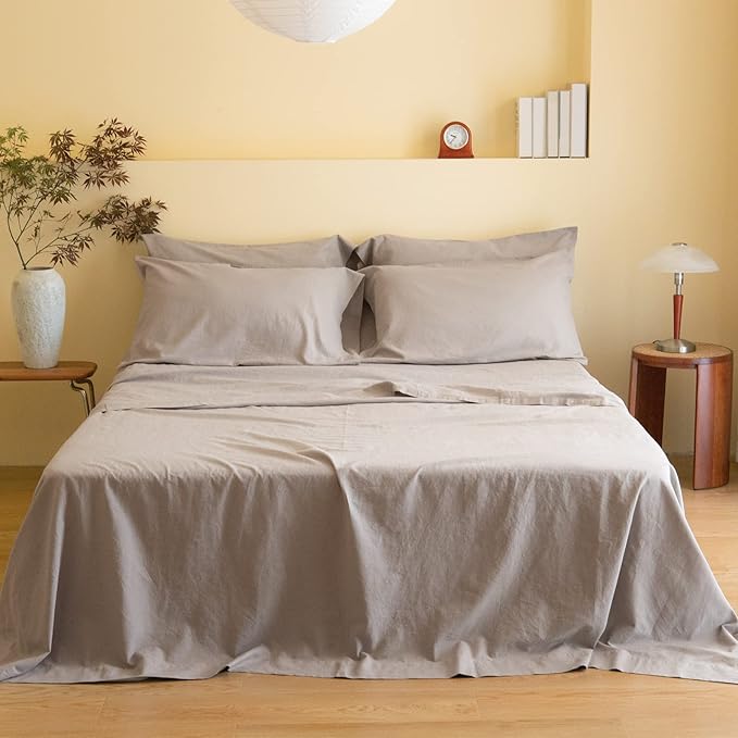 Simple&Opulence Belgian Linen Sheet Set Solid Color - 6 Pieces (1 Flat Sheet & 1 Fitted Sheet & 4 Pillowcases) 16" Deep Pocket Natural Flax Cotton Blended Soft Bedding - Grey, Queen Size