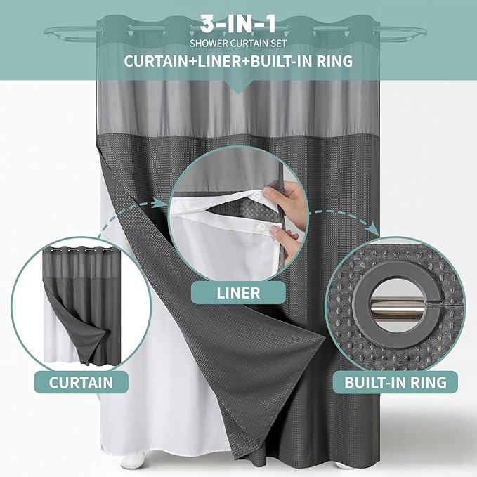 eachope Charcoal Grey No Hook Waffle Weave Shower Curtain with snap-in Liner Replacement, 230GSM Waterproof Fabric Hotel Shower Curtain Set for Bathroom, Through Mesh Top Window,71Wx77H