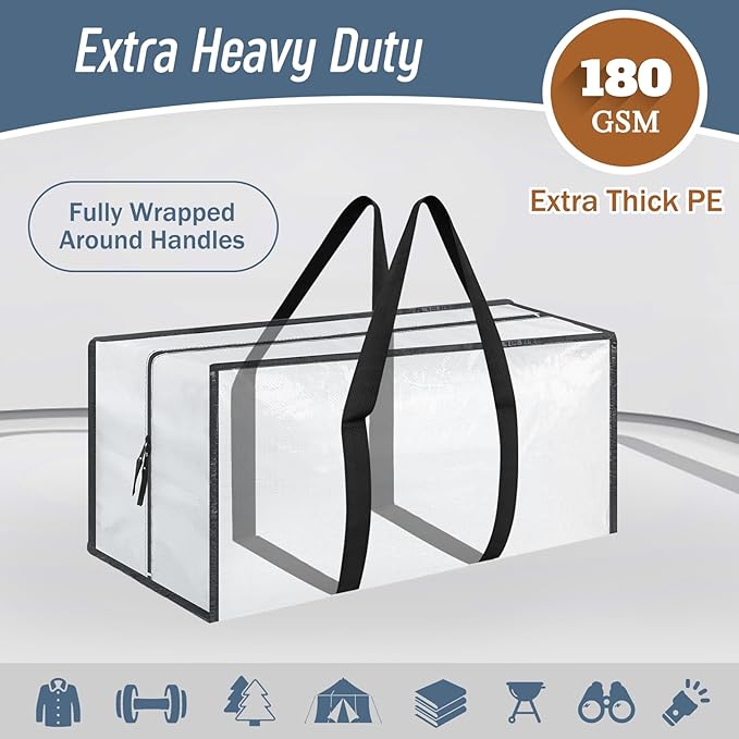 12 Pack Extra Heavy Duty Large Moving Bags with Strong Zipper & Comfortable Handles, Sturdy & Durable Clothes Storage Bags Totes Bins, Packing Moving Boxes for College Supplies, White