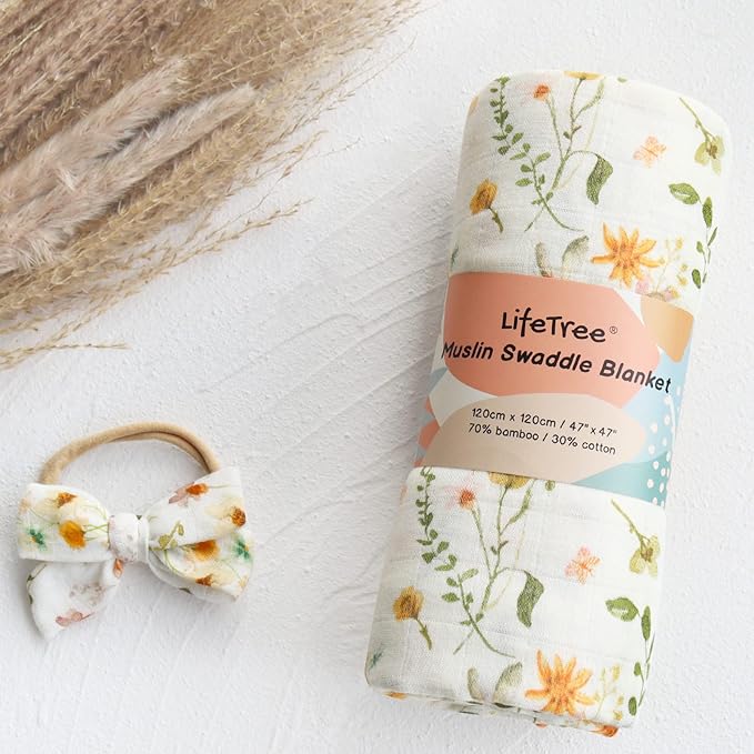 LifeTree Baby Muslin Swaddle Blankets for Boys & Girls, Newborn Swaddle Set with Matching Headband Bow, Infant Blanket Wrap, 47 x 47 inches, Floral Motif, 70% Viscose Bamboo and 30% Cotton