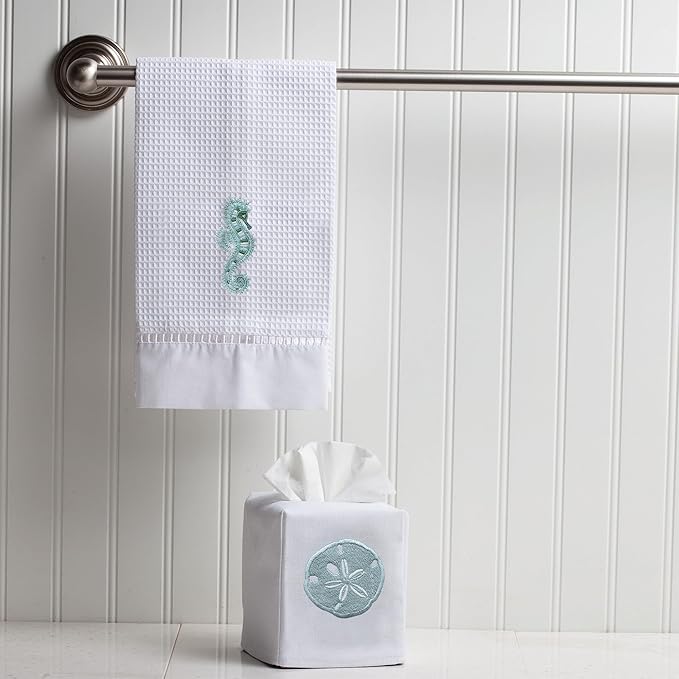 Jacaranda Living Square Tissue Box Cover, Linen/Cotton Fabric Tissue Holder, Decorative Cloth Tissue Cube Cover, Coastal Designs Sand Dollar (Aqua)