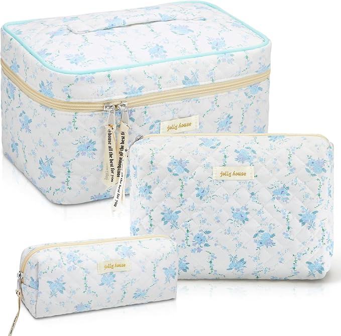 Zeyune 3 Pcs Makeup Bag Quilted Cosmetic Bags Large Floral Makeup Bag Set for Women Cotton Flower Travel Toiletry Storage Cute with Zipper for Women Mom Birthday Gift Home Bathroom(Peony)