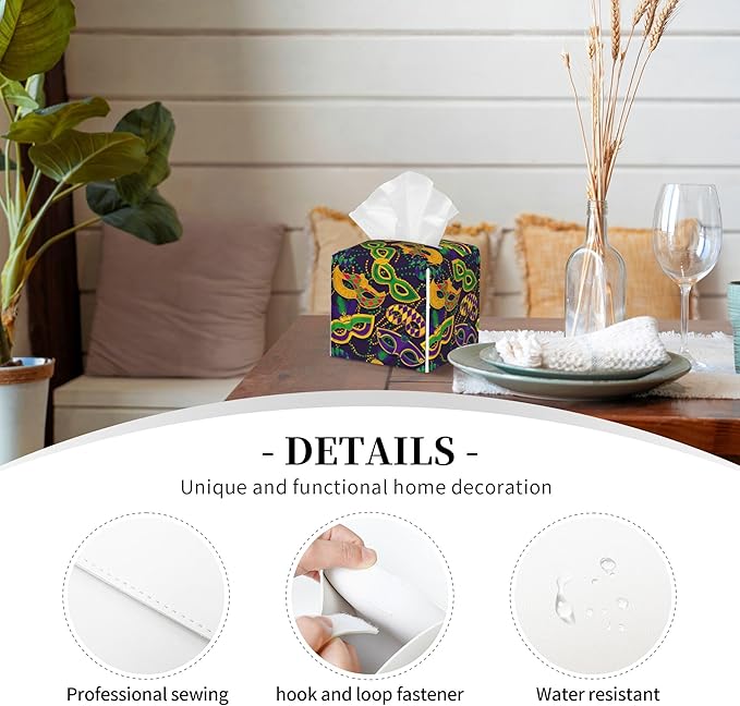 Tissue Box Cover Holder, Colorful Mardi Gras Masks PU Leather Square Tissue Box Cover Decorative Organizer for Bathroom Kitchen Bedroom Vanity Countertop Night Stands
