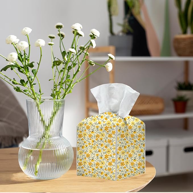 Tissue Box Cover, Tissue Box Holder, Square with Belt Bottom, PU Leather Decorative Organizer for Desk, Tabletop, Countertop Bathroom, Toilet Car,Office, Dresser Bedside, Aesthetic Yellow Flower Decor