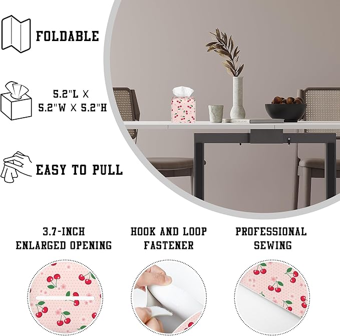 OHEGBXE Pink Polka Dot Tissue Box Holder Cherries with Blossoms Square Leather Tissue Box Cover Modern Cube Facial Paper Cover Case for Bathroom Vanity Countertop Night Stands Tabletop
