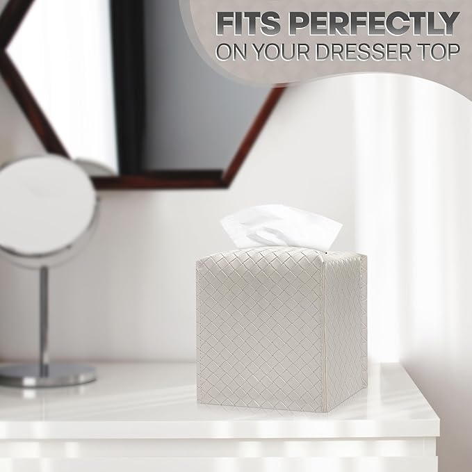 Tissue Box Cover Holder, PU Leather Tissue Box Cover with Braided Pattern, Square Tissue Holder with Bottom Belt, Modern Organizer for Bathroom, Car, Office, Tabletop(Pearl White,12 Braided Patterns)