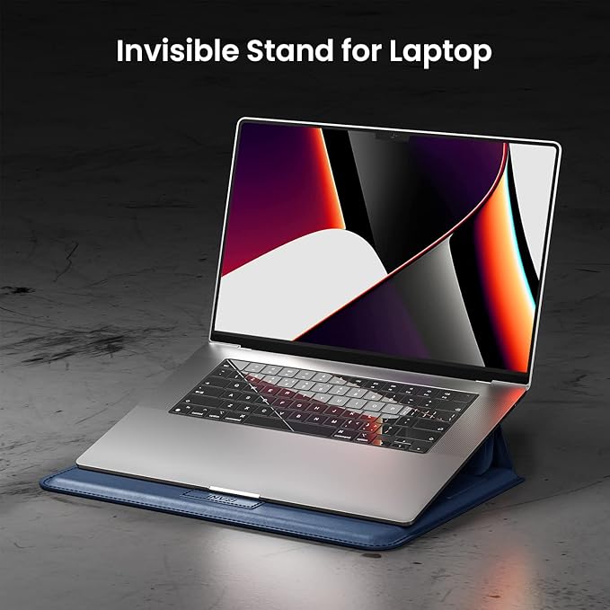 INVZI MacBook Sleeve, Vegan Leather Bag Compatible with 13”/14" MacBook Air, MacBook Pro M1/M2 2018-2022, Compact Design with Invisible Stand (Midnight Blue)