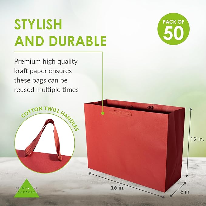 Prime Line Packaging Red Gift Bags, Kraft Paper Christmas Gift Bags with Handles for Kids, Large Holiday Paper Bags for Wrapping, Weddings, Party Favors, Bulk, 16x6x12, 50 Pack