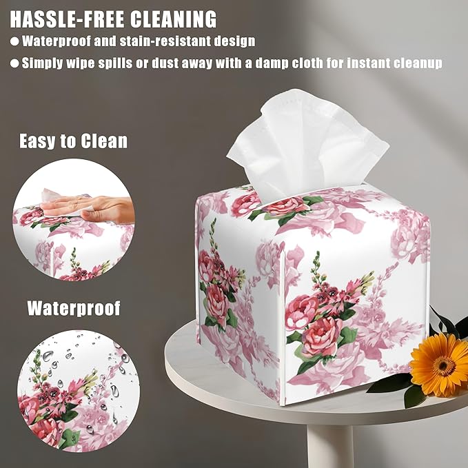 Leather Tissue Box Holder Watercolor Pink Rose Flower Tissue Box Cover Facial Paper Case Organizer Cube Napkin Dispenser for Bathroom Vanity Countertop Night Stand Office Car