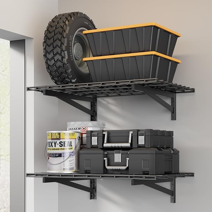 Jusgym 2 Pack Heavy Duty Garage Wall Shelving Set (2x3ft), Wall Mounted Garage Shelves 700lbs Capacity, 24"x72" Wall Shelf Storage Rack Floating Shelves, Black
