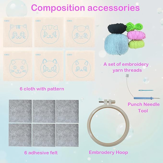 57lilina Punch Needle Coaster Kit for Adults Beginners, 6 Set Complete Animal Cat Punch Needle Stitching Embroidery Art Kit, Step-by-Step Guide Make Punch Needling Drink Coasters for Starter