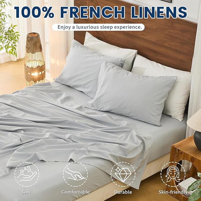 Bedlifes 100% French Pure Linen Sheets King Size Breathable and Cooling Flax Sheet Set Soft Durable and Moisture Wicking 16 Inch Deep Pocket-4 Piece(King,Grey)