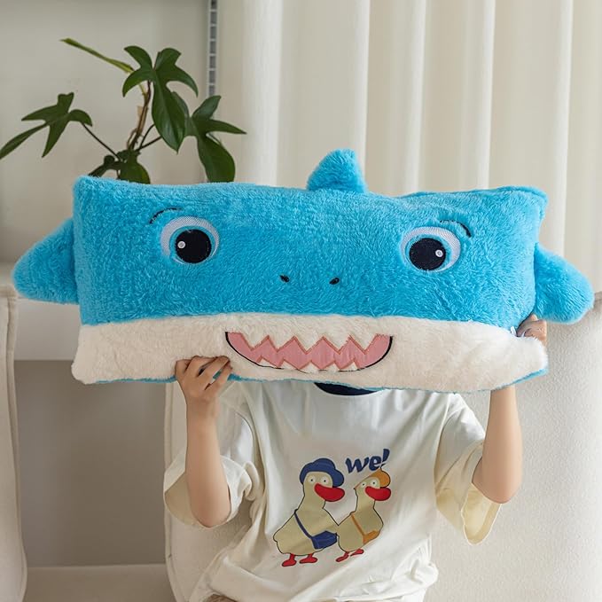 Snugtown Stuffed Animal Lumbar Pillow, Super Soft Plush Cuddle Throw Pillow for Kids, Cute Shark Shaped Pillow, 12 x 24 Inches, Baby Blue