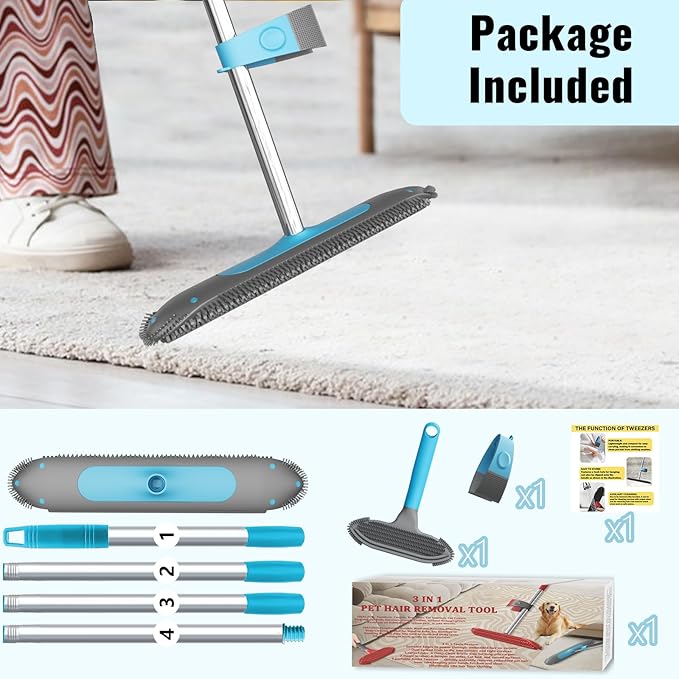 OKcedier Carpet Rake for Pet Hair Removal Tool, 3 in 1 Carpet Scraper with 59" Adjustable Handle, Silicone Rug Rake for Dog & Cat Hair, Pet Hair Remover for Furniture, Couch, Pet Bed & Car Interior