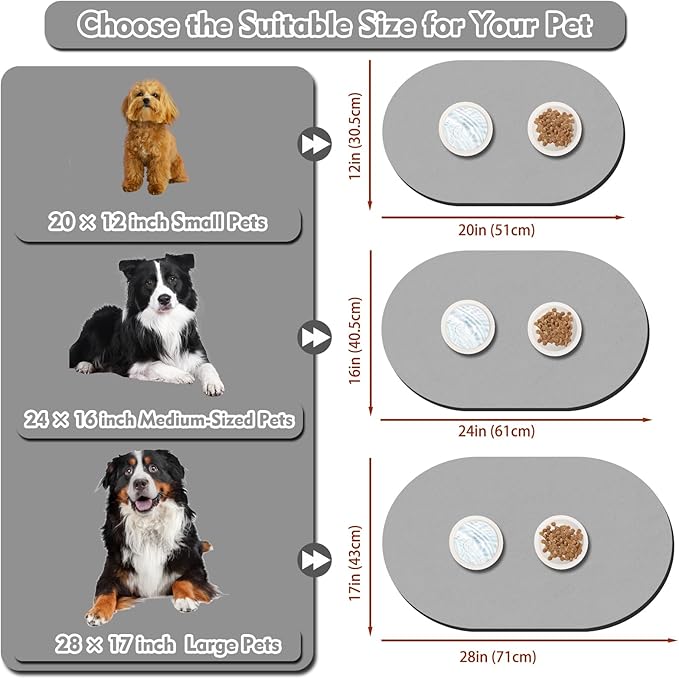 METEOROCK Dog Food Mat 20''x12'', Small Pet Feeding Mat, Non-Slip Rubber Pet Food Mat, Absorbent Cat Dog Water Bowl Mat for Messy Drinkers, Dogs Bowl Placemat for Food and Water, Light Gray