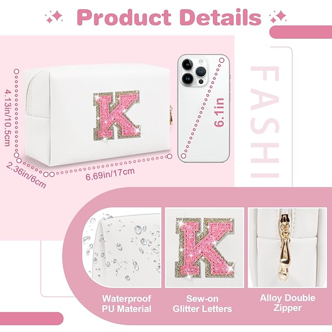 Small Initial Patch Makeup Bag Personalized Gifts Make Up Bag,White Cute PU Leather Glitter Letter Cosmetic Bag with Zipper,Trendy Portable Travel Toiletry Pouch,Preppy Stuff for Teen Girls Women K