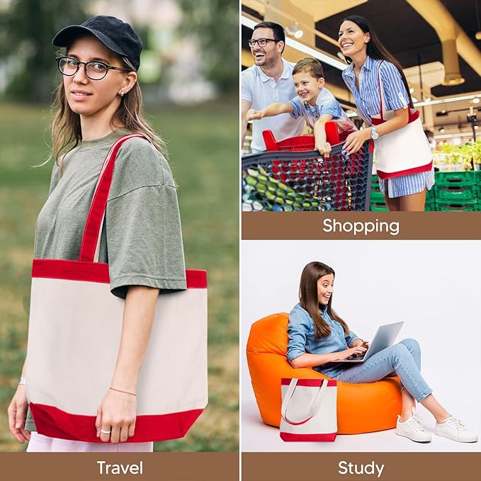 Canvas Tote Bag with Handles for Woman, Reusable Cloth Bag for Groceries and Shopping In Bulk - Blank Cotton Tote Bag, Suitable for DIY Projects HEAVY DUTY, 16"X14.5" With 4” Gusset, Red 8 Pack