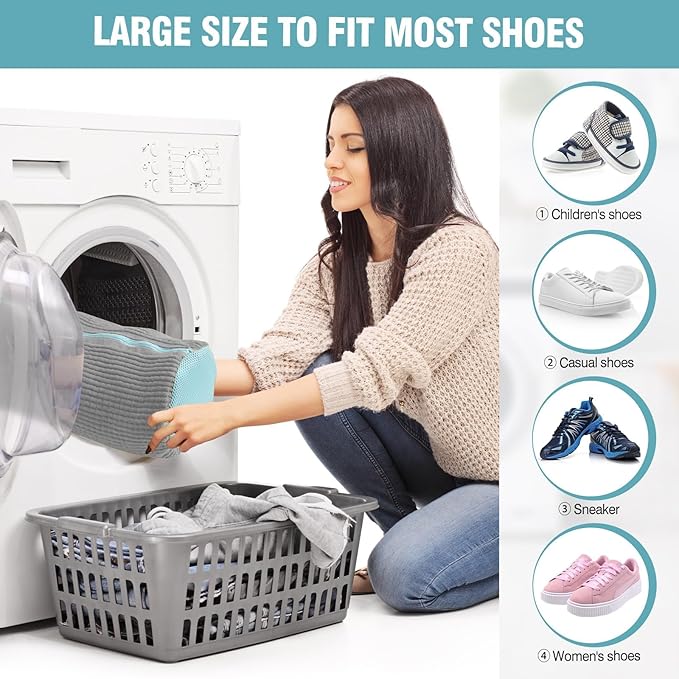 2 Pcs Shoe Washing Machine Bags with 4 Adjustable Shoe Trees, XXL Laundry Bags for Washer and Dryer, Sturdy Zipper with Hook Design, Reusable Cleaning Bag for Sneaker, Tennis (Gray)