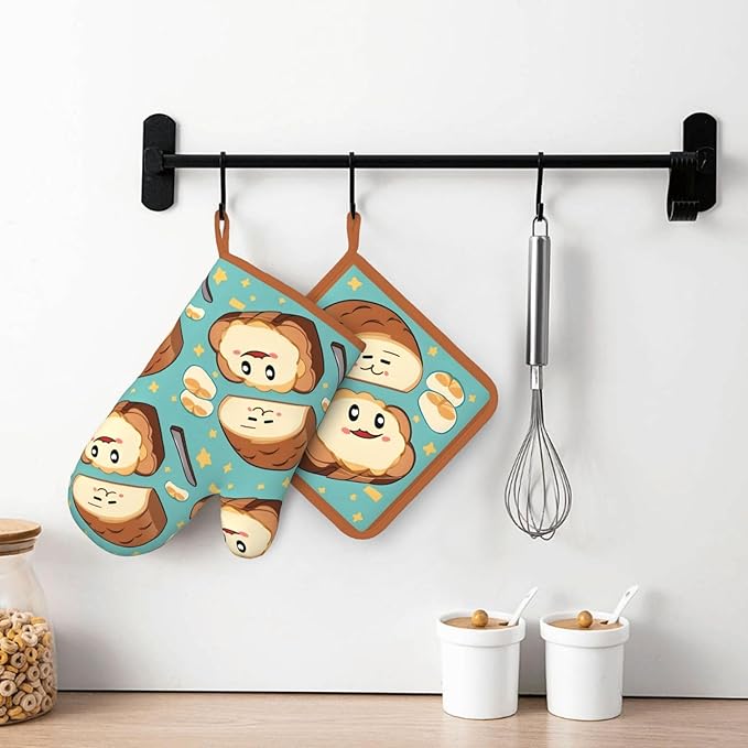 Oven Mitts and Potholders Cute Cartoon Bread Silicone Glove Heat Resistant, Kitchen Gloves for Cooking, 2-Piece Set