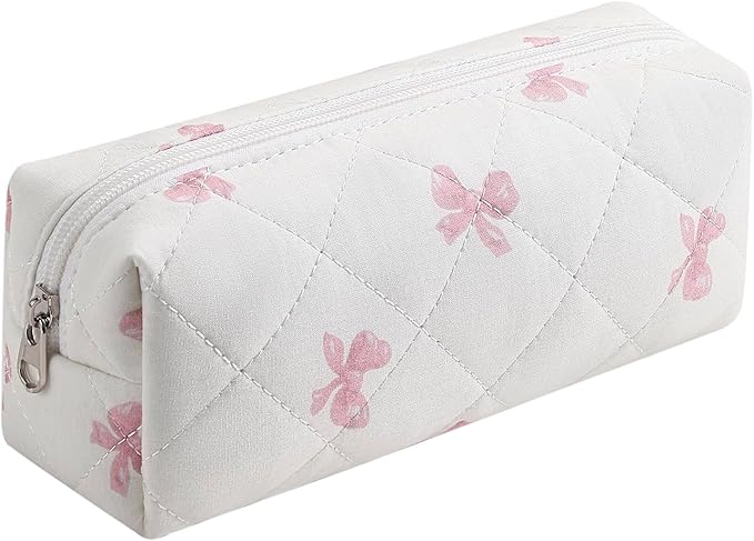 WHHJM Cute Floral Makeup Brush Bag Small Cotton Quilted Cosmetic Bag for Women Travel Toiletry Zipper Make Up Pouch (Pink Small Bowknot)