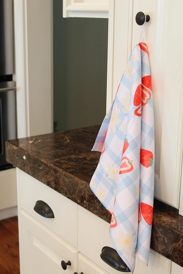 Desert Aqua 2 Pack Double Sided || Not Your Ordinary Kitchen Towels || Dish Towels || Quick Dry || Waffle Weave Microfiber || Highly Absorbent || Hanging Hook (Strawberry)