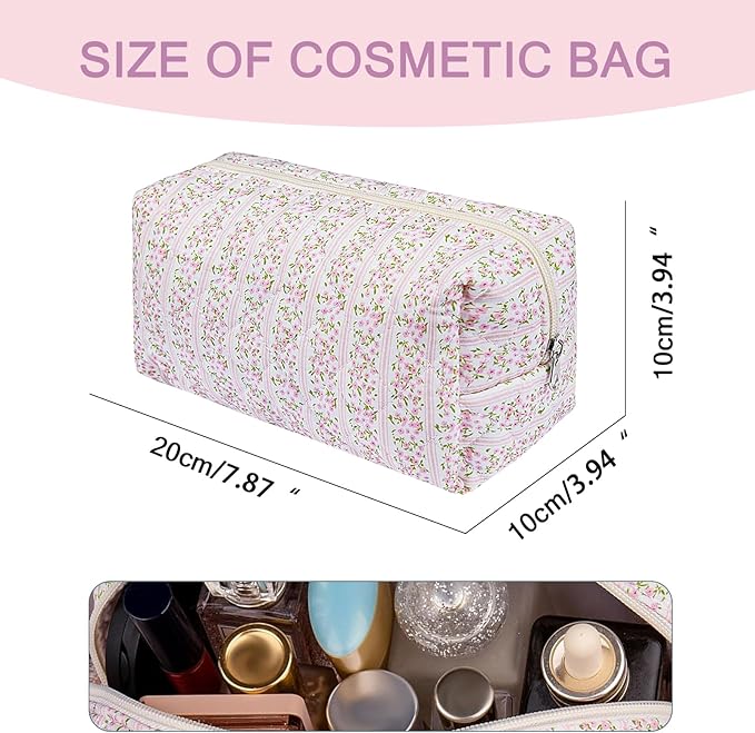 Gosect Floral Makeup Bag, Cute Cosmetic Bag for Women Girls, Quilted Cotton Make up Pouch, Travel Makeup Bags, Portable Storage Toiletry Organizer Bag(Pink Floral)
