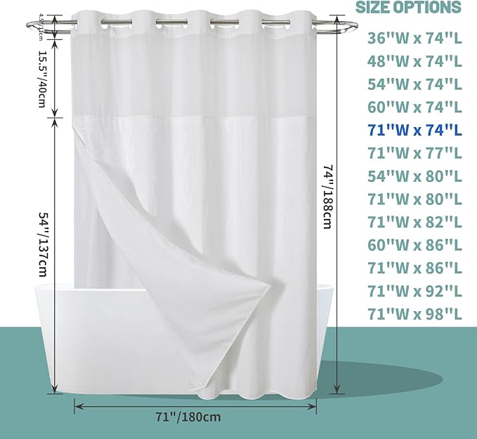 eachope White No Hook Waffle Weave Shower Curtain with snap-in Liner Replacement, 230GSM Waterproof Fabric Hotel Shower Curtain Set for Bathroom, Through Mesh Top Window,71Wx74H