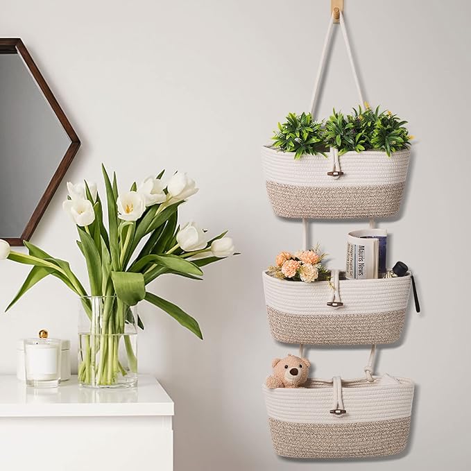 Oradrem Over the Door Basket Cotton Rope Organizer, 3-Tier Wall Hanging Storage Basket, Closet Organizing, Decorative Baskets for Organizing Living Room—14.5“x7 (Apricot)