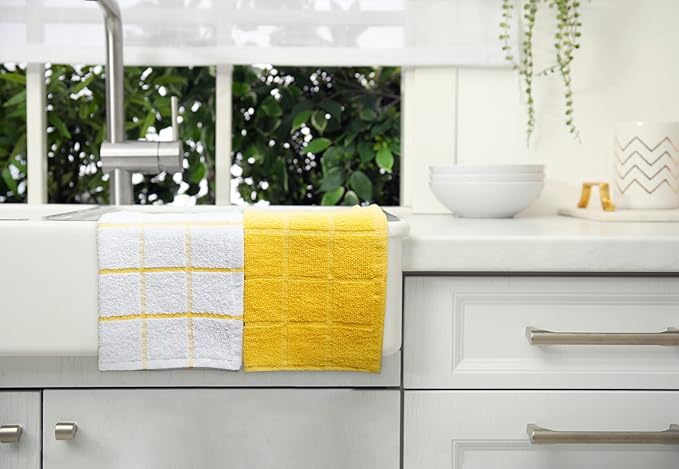 Mellow Buff 100% Cotton Terry Dish Cloth & Dish Towel, 6 Pack, Super Soft and Absorbent Kitchen Towels, Perfect for Kitchen Cleaning and Dish Washing (Yellow (Solid and Checks) 8 Pack)