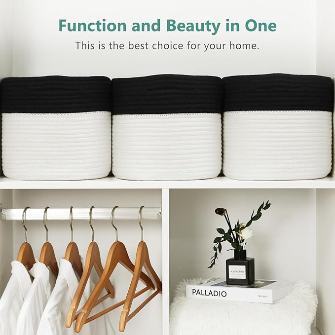 ECDYQXVU Cotton Rope Storage Basket, 15x10x9 Inches, Woven Basket for Shelves, Clothes, Towels, Books, and Laundry, Black/White (1 Pack)