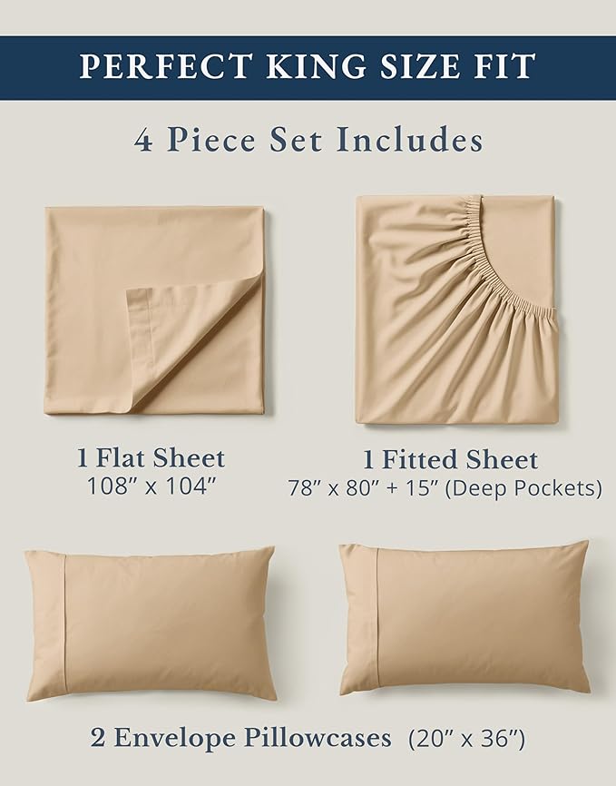 LANE LINEN 100% Organic Cotton Bed Sheets King Size, Fully Elasticized Reinforsed Seams in Fitted Pocket, Machine Washable Naturally Cooling All Season King Sheet Deep Pocket Bedding- Linen