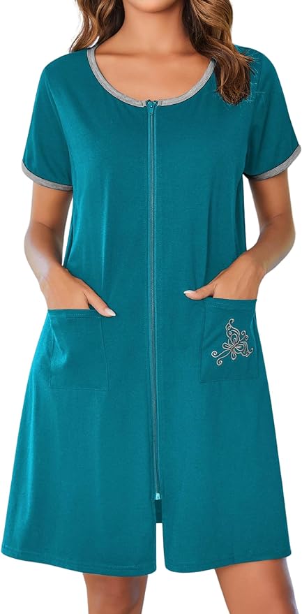Ekouaer Zip Up Robes for Women Short Sleeves Zipper House Coat Short Bathrobes Lightweight Nightgown with Pockets S-3XL