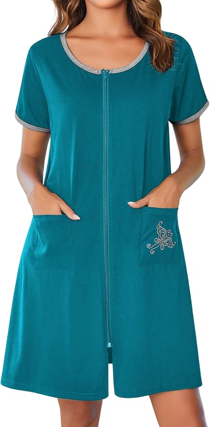 Ekouaer Zip Up Robes for Women Short Sleeves Zipper House Coat Short Bathrobes Lightweight Nightgown with Pockets S-3XL