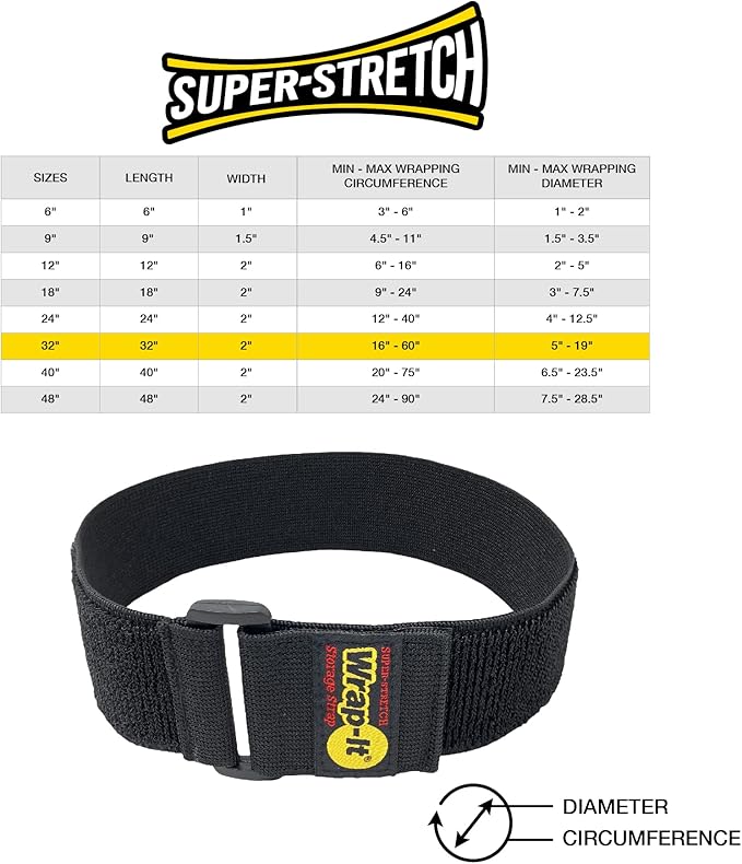 Super-Stretch Wrap-It Storage Straps, 32-in x 2-in (4-Pack) - Elastic Hook and Loop Cinch Straps - Pool Hose and Cable Straps, Garage and RV Storage Accessories